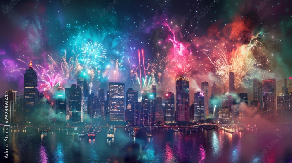 Multi-colored fireworks exploding over a city skyline, creating a stunning visual display - obrazy, fototapety, plakaty 