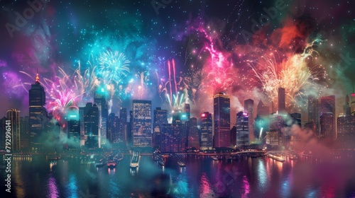 Multi-colored fireworks exploding over a city skyline  creating a stunning visual display