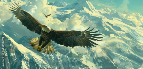 A majestic eagle soars high above a rugged mountain range in this painting