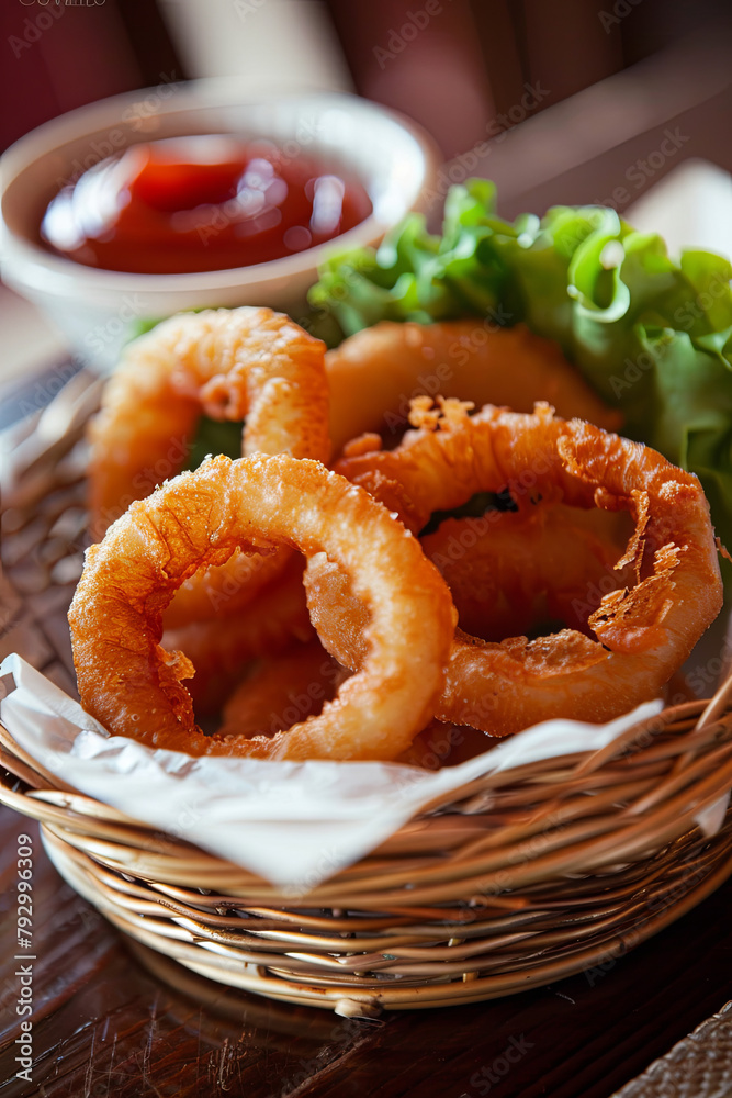 Crispy onion rings served alongside ketchup Crispy onion rings served alongside ketchup