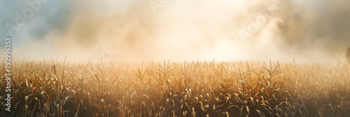 Corn field panorama view in sunlight with smoke for web banner template. photo