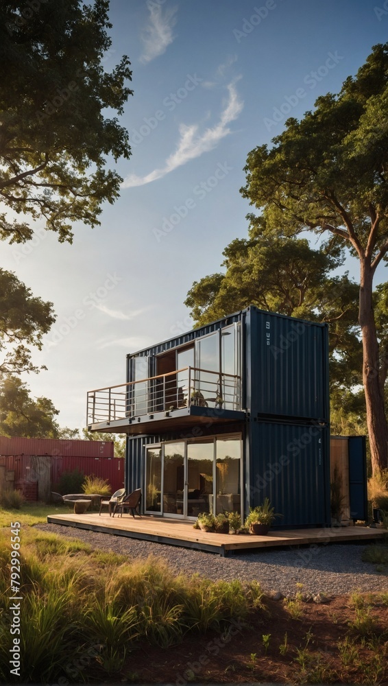 Sleek shipping container residence set against a sunny backdrop, embodying the essence of sustainable living and eco-friendly accommodations.