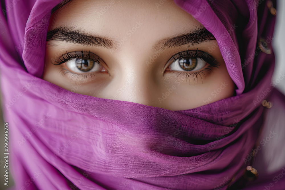 The captivating eyes of a young and elegant Muslim woman in a purple hijab The captivating eyes of a young and elegant Muslim woman in a purple hijab