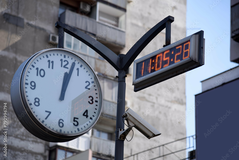 A big analog clock next to a digital clock, showing different times. A video camera pointing down. A big analog clock next to a digital clock, showing different times. A video camera pointing down.
