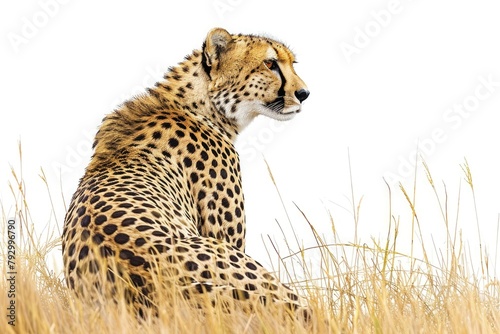 Silent grace of a solitary cheetah  its sleek form blending seamlessly with the golden savannah grasses  isolated on pure white background.