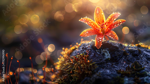 A solitary orange flower glistens with dewdrops against a bokeh light backdrop, its delicate petals capturing the first golden rays of the sunrise, evoking a moment of serene beauty in nature's  photo