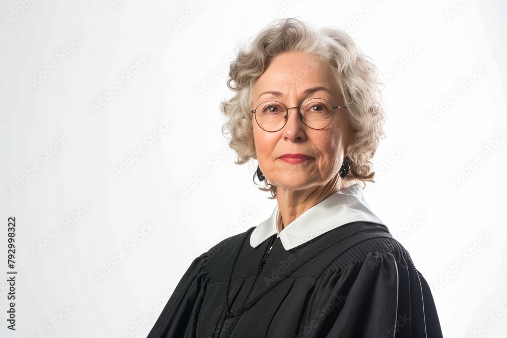 portrait showcasing the esteemed presence of a female judge, dressed in a professional uniform, against a clean white background, symbolizing her commitment to justice and fairness portrait showcasing the esteemed presence of a female judge, dressed in a professional uniform, against a clean white background, symbolizing her commitment to justice and fairness