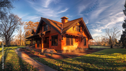 Wide angle of a terracotta orange craftsman cottage with a gambrel roof, set against the late afternoon sun, casting long, dramatic shadows and creating a warm, inviting presence. photo