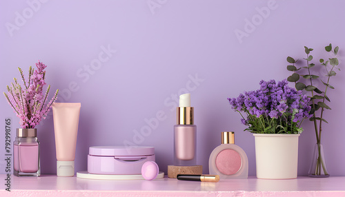 Decorative cosmetics with podium on table near lilac wall
