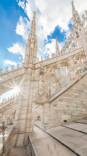 View of Duomo Cathedral terraces, terrazze del Duomo, in Milan in Italy.