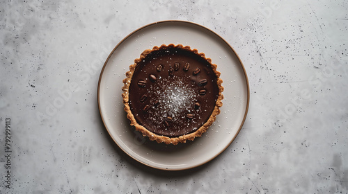Indulge in the rich and decadent flavors of our Espresso Chocolate Tart, showcased against a sophisticated grey background. This exquisite dessert features a buttery tart crust, meticulously filled  photo