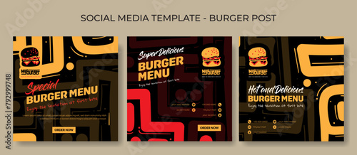 Set of social media post template in hand drawn line background design with burger icon