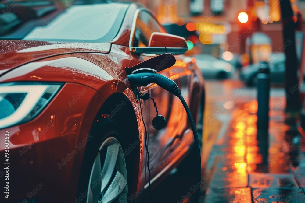 Close-up of an electric car charging a battery at a station, new eco transport technologies