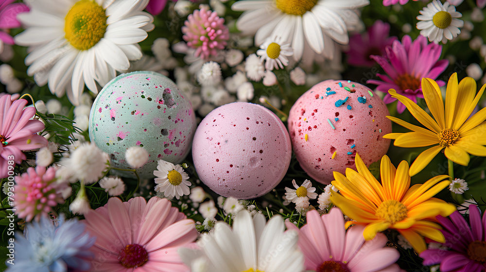 bath bombs on a background of flowers



