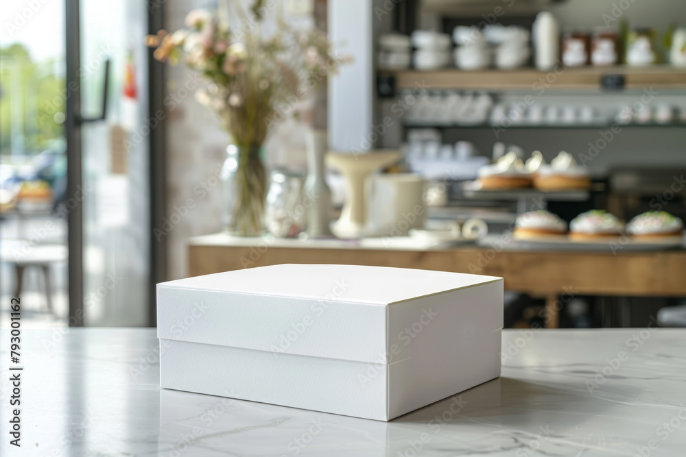 White box on marble counter in a coffee shop