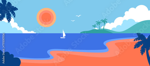 Summer exotic sea view. Paradise coast with palms, sun, sea, beach. Sunny day. Island beach vacation. Hello summer, sale concept.