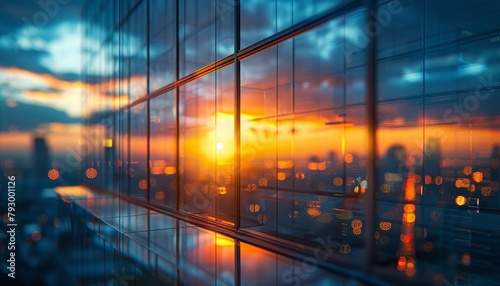 A city skyline with a large sun reflecting off the glass windows by AI generated image