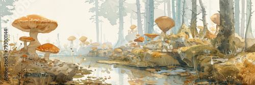 A painting depicting mushrooms of various sizes and shapes sprouting from the forest floor, surrounded by foliage and trees