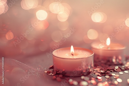 Romantic candles on blush  with shimmering bokeh adding magic.