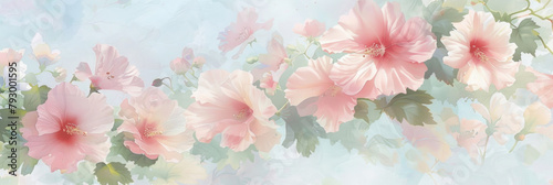 A painting featuring blooming pink flowers set against a vibrant blue backdrop, showcasing delicate petals and the contrast of colors