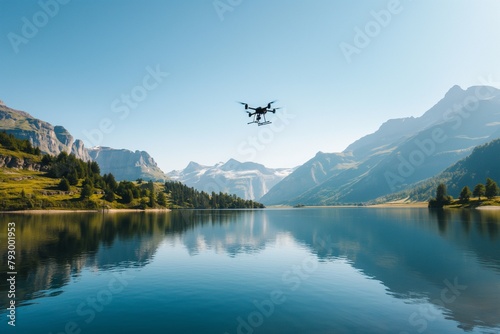 Flying a drone over the large lake with a view of the mountain, a wide mountain with lake, natural background