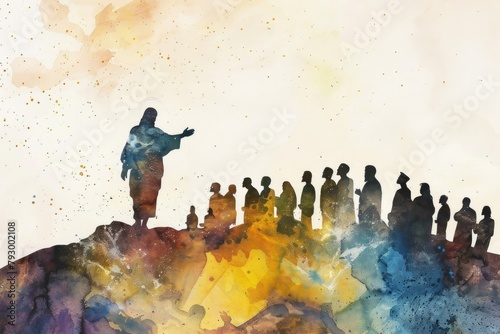 A simple watercolor silhouette of Jesus Christ on the mount, delivering the Beatitudes to a faintly sketched crowd photo