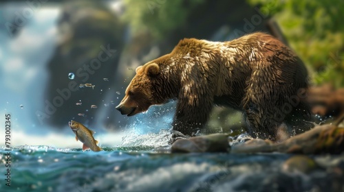 bear hunting fish in a river photo