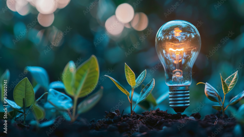 A composition featuring a light bulb and green plants, symbolizing energy conservation - obrazy, fototapety, plakaty 
