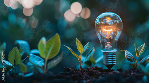A composition featuring a light bulb and green plants, symbolizing energy conservation photo