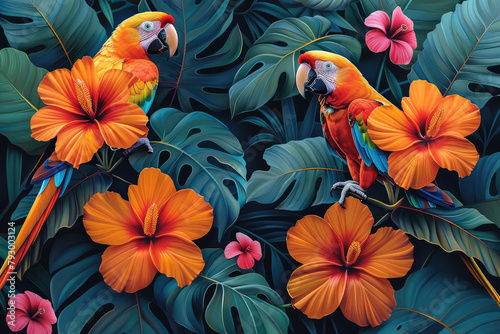 A pair of red parrots in the style of night scene  tropical rain forest background. Created with Ai