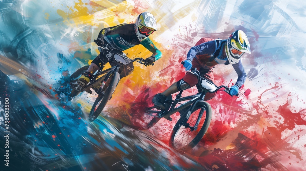 Fototapeta premium Abstract drawing of two cyclists participating in a BMX competition.