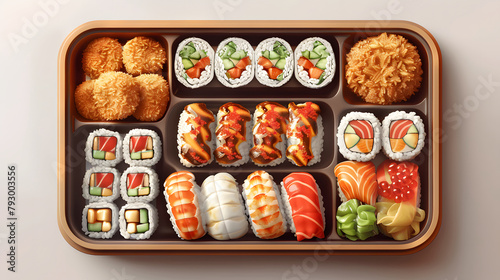beautiful bento box with various kinds of food, from sushi to tempura and sashimi