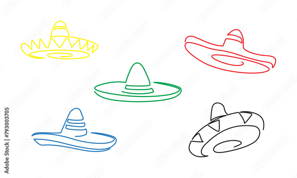 Mexican sombrero hat isolated objects of vector fiesta party and Cinco de Mayo holiday design. line art continue. Mexican sombrero hat isolated objects of vector fiesta party and Cinco de Mayo holiday design. line art continue.