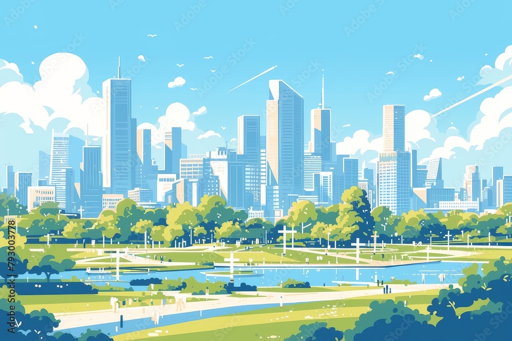Urban park with skyscrapers in the background, featuring trees and ...