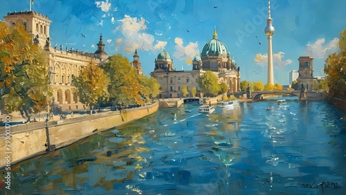 Berlins Museum Island Spree River and TV Tower captured in an oil painting. Concept Berlin, Museum Island, Spree River, TV Tower, oil painting