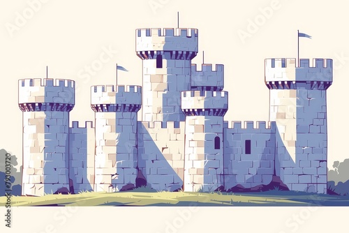 illustration of a white medieval castle, muted colors and a white color palette.  photo