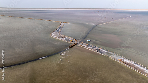 cosmic unreal landscapes of the Baskunchak salt lake on a spring day from the height of a drone flight photo