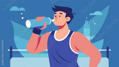 A man takes a quick water break during a cardio kickboxing workout his face glistening with sweat as he catches his breath and rehydrates his