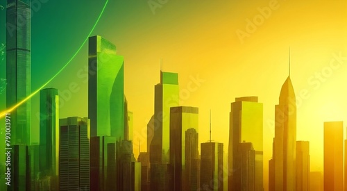 soaring stock charts painted in vivid greens and golds  skyscrapers of success rising against a backdrop of sunset hues  and a sense of promise shimmering in the air.