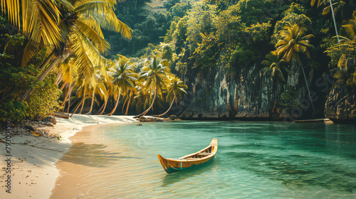 Canoe on the water off a tropical sandy beach 