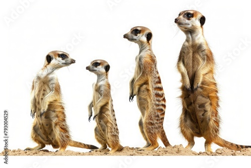 Playful antics of a family of meerkats, standing tall on their hind legs, ever watchful in the African savannah, isolated on pure white background.