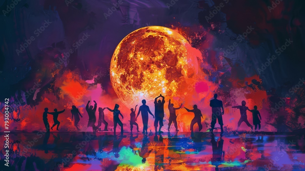 A Holi celebration under a full moon. Imagine a hand-painted night scene with vibrant colors reflecting the moonlight.