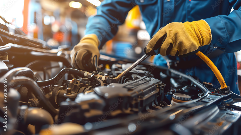 Automobile mechanic working under the hood of a car in a well-equipped garage, tools in hand, focused on engine repair and maintenance. Automobile mechanic working under the hood of a car in a well-equipped garage, tools in hand, focused on engine repair and maintenance.