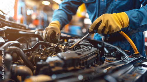 Automobile mechanic working under the hood of a car in a well-equipped garage, tools in hand, focused on engine repair and maintenance.