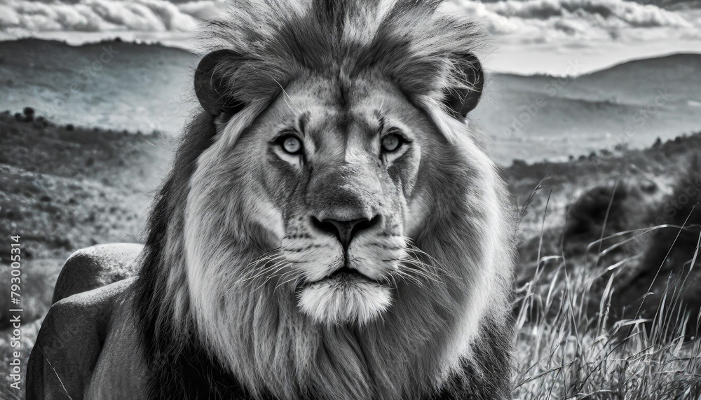 A close up portrait of a male lion's face in Black and white with blue eyes.