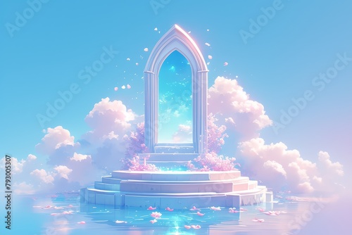 A podium surrounded by clouds with pink and blue gradient background, creating an atmosphere of tranquility. The scene includes an arch above the platform adorned with neon lights. 