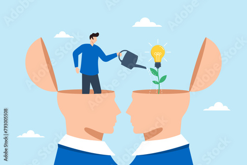 Smart man stand on teacher head watering plant on student head, illustrating teaching and learning to develop new skills and wisdom. Concept of inspiration or growth mindset, and transfer of knowledge