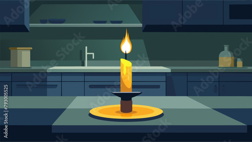 The flicker of a designer candle reflects off the polished surfaces of a modern upscale kitchen..