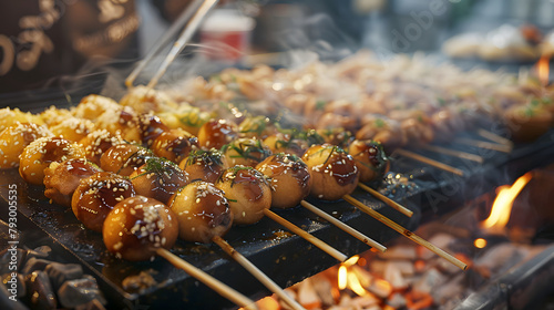 street snacks in Japan, such as takoyaki or okonomiyaki, which tempt the taste buds photo