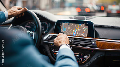 Business professional adjusting a luxury car's navigation system before starting a commute, focusing on the ease and utility of integrated tech. photo